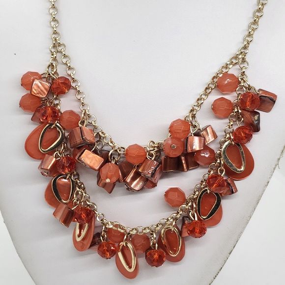 Orange Bead And Shell Double Strand Bib‎ Necklace - Picture 1 of 3